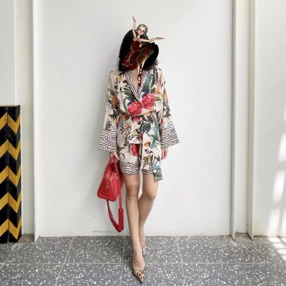 Floral Kimono Dress with Red Accents